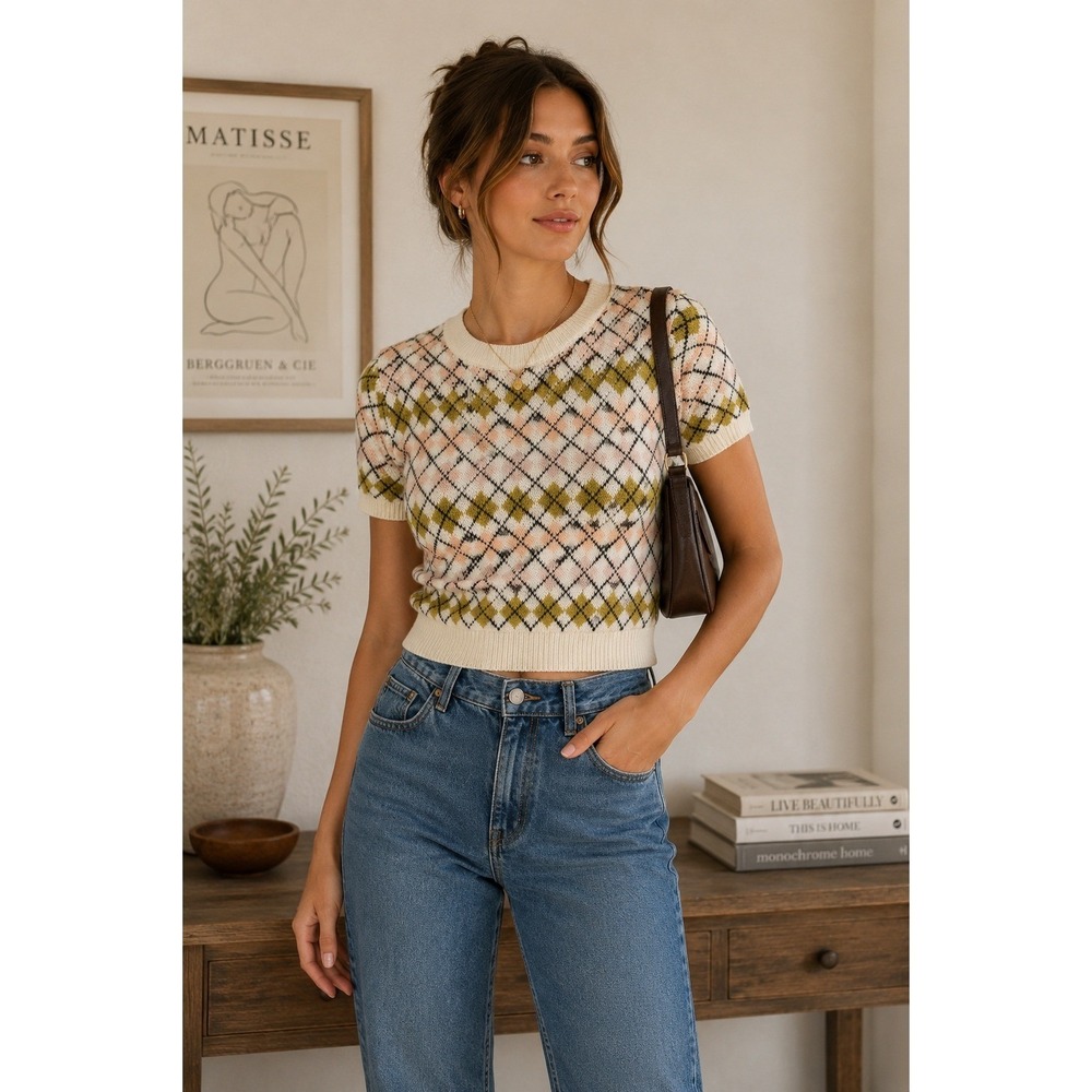 Willow Root Short Sleeve Argyle Shrunken Sweater Tee Preppy Academia Librarian L
